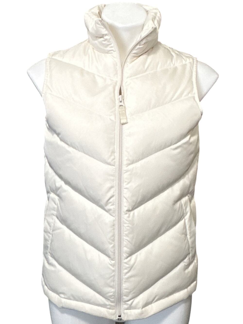 Lands' End Puffer Vest Women Ivory Down Full Zip Chevron Quilted Snap Pockets XS